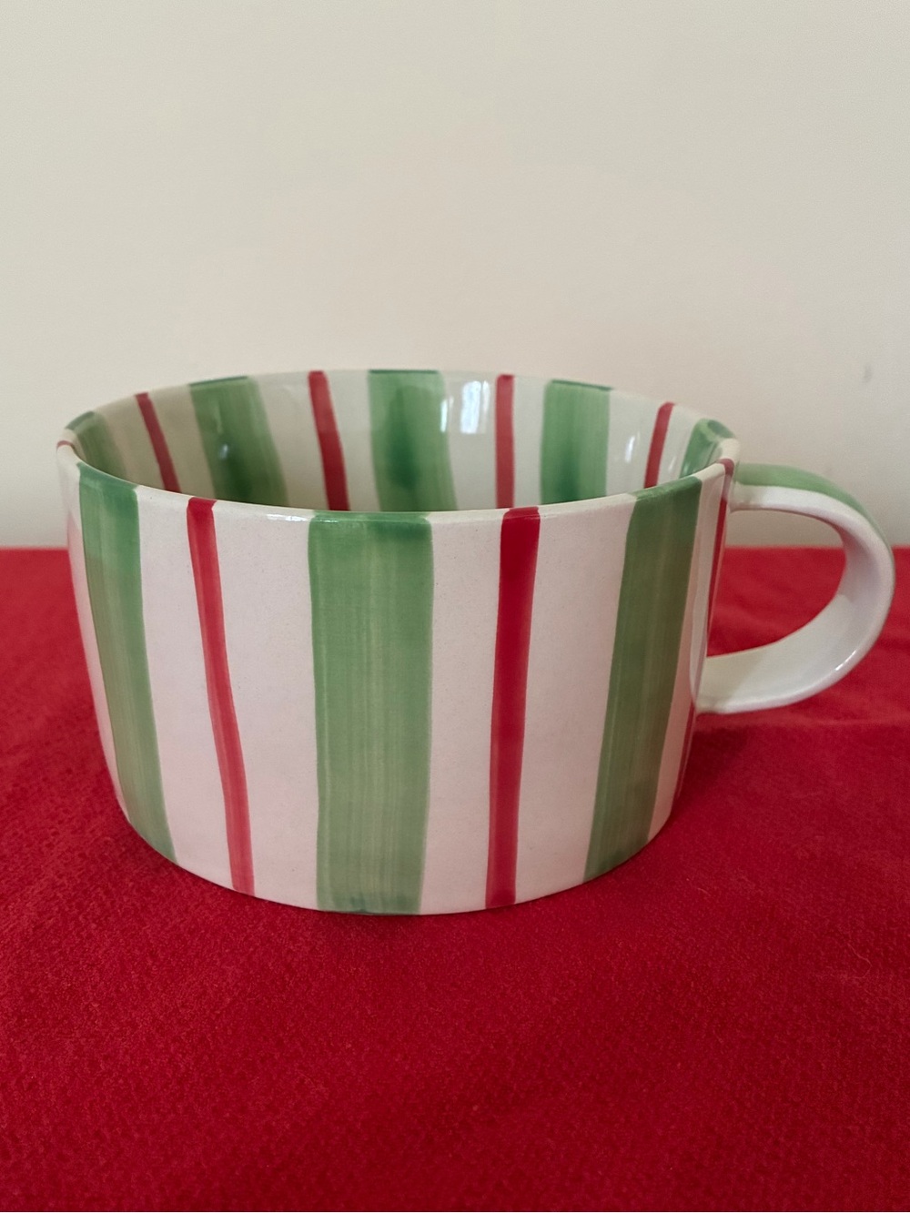 Anthropologie Daily Stripe Christmas Soup Mug Candy Cane Green and Red